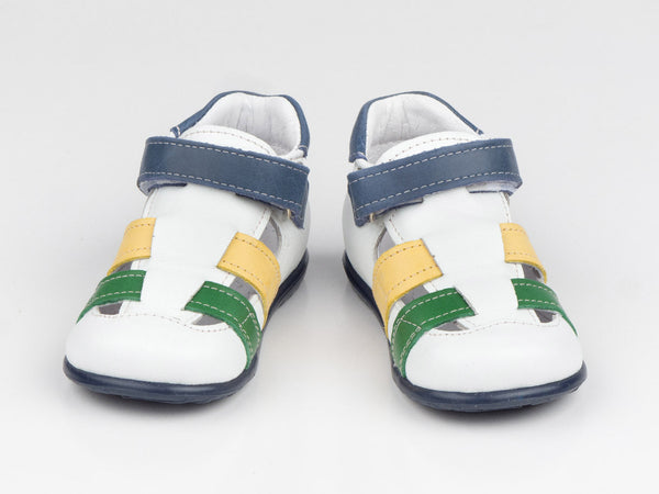 Emel White/Yellow/Green Leather Velcro Sandals (e1942-10)