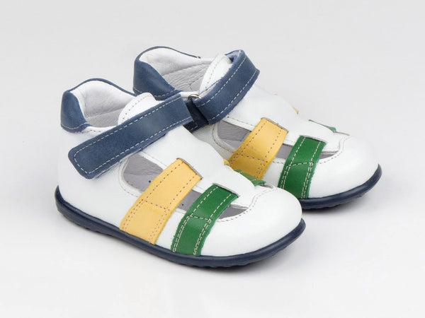 Emel White/Yellow/Green Leather Velcro Sandals (e1942-10)