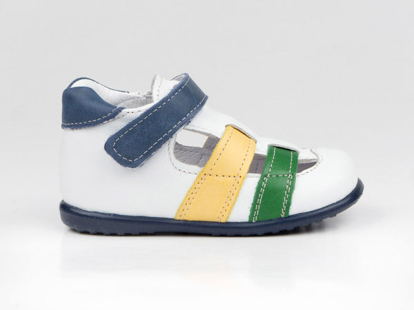 Emel White/Yellow/Green Leather Velcro Sandals (e1942-10)
