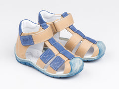 Emel Blue/Beige Leather Velcro Sandals (e2187-12)