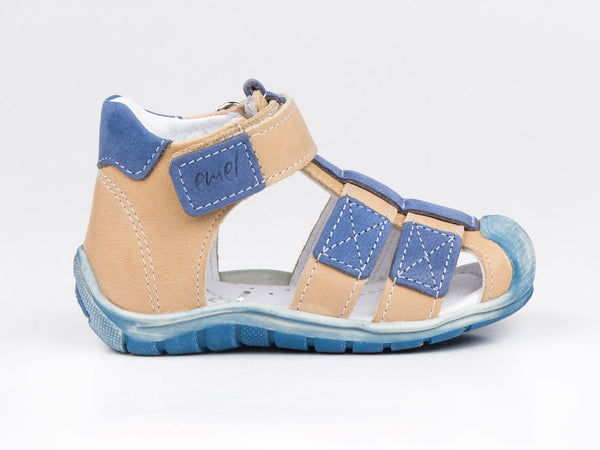 Emel Blue/Beige Leather Velcro Sandals (e2187-12)