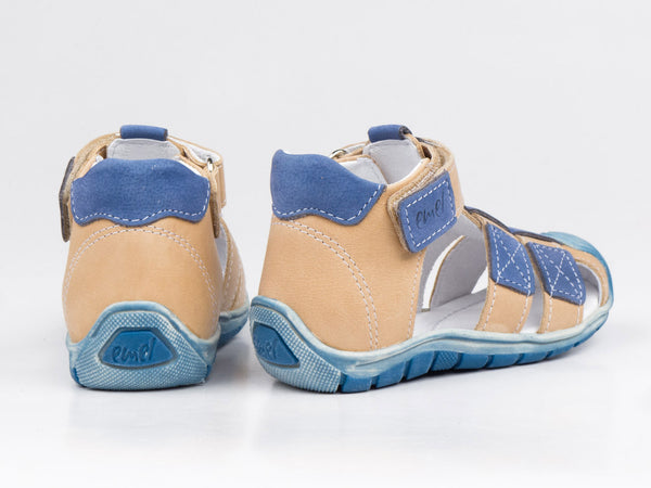 Emel Blue/Beige Leather Velcro Sandals (e2187-12)