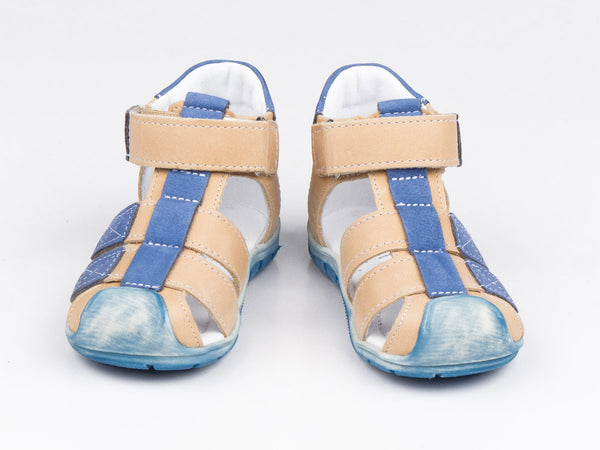 Emel Blue/Beige Leather Velcro Sandals (e2187-12)