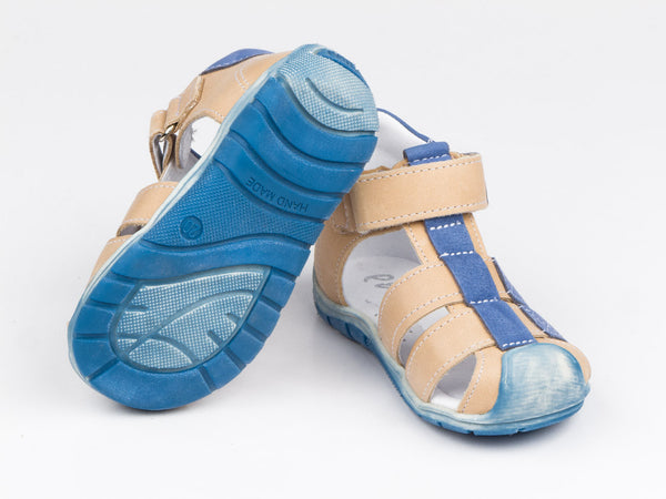Emel Blue/Beige Leather Velcro Sandals (e2187-12)