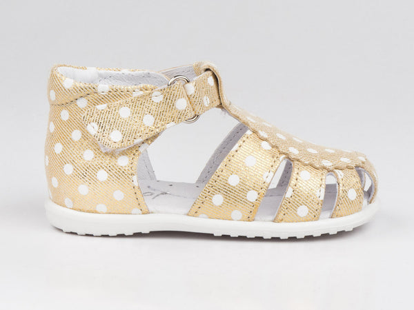 Emel Gold/Dots Pattern Leather Velcro Sandals (e2355)