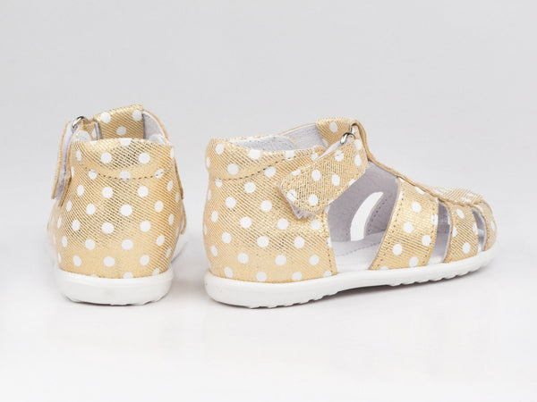 Emel Gold/Dots Pattern Leather Velcro Sandals (e2355)