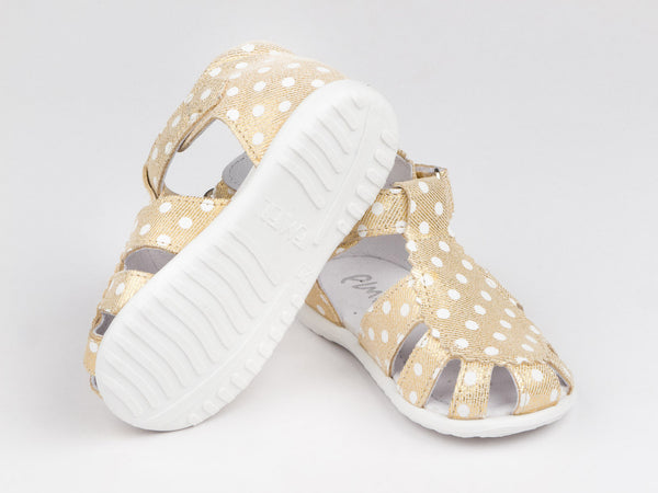 Emel Gold/Dots Pattern Leather Velcro Sandals (e2355)