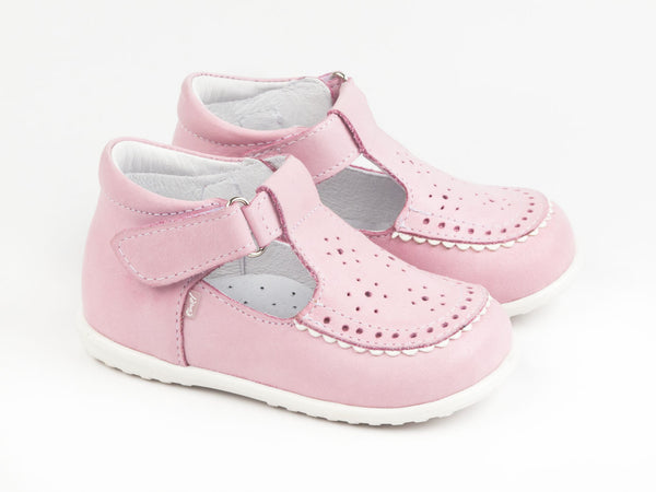 Emel Soft Pink Perforated Leather Velcro Pumps (e1201)