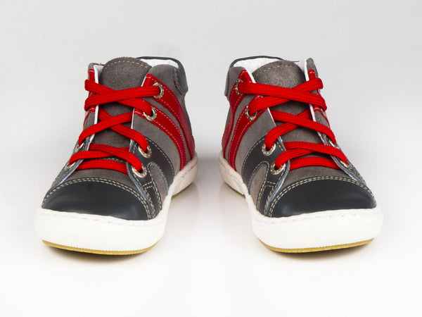 Emel Grey/Red Leather/Suede Lace Up Sneakers (e1539-2)