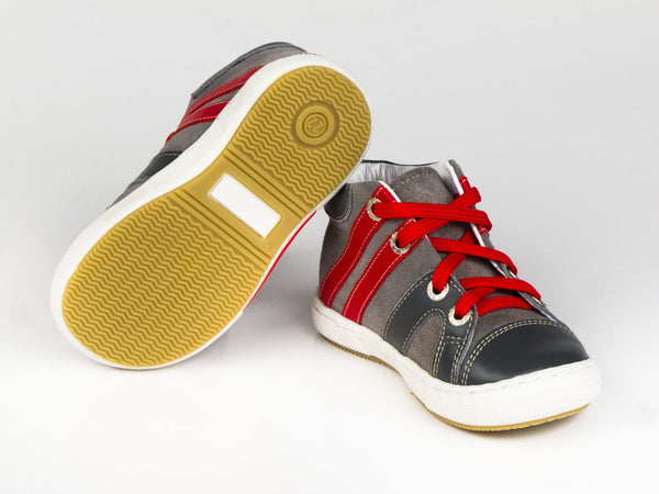 Emel Grey/Red Leather/Suede Lace Up Sneakers (e1539-2)