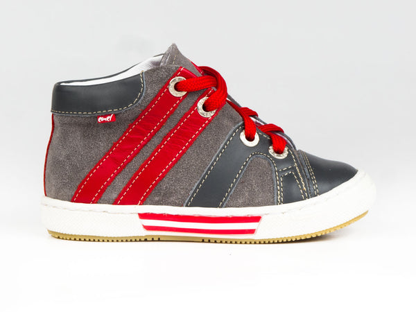 Emel Grey/Red Leather/Suede Lace Up Sneakers (e1539-2)