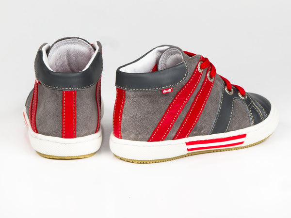 Emel Grey/Red Leather/Suede Lace Up Sneakers (e1539-2)