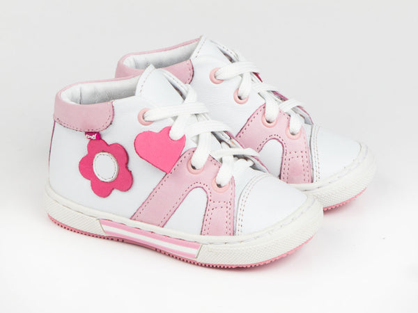 Emel White/Pink Leather Lace Up Sneakers (e2052-1)