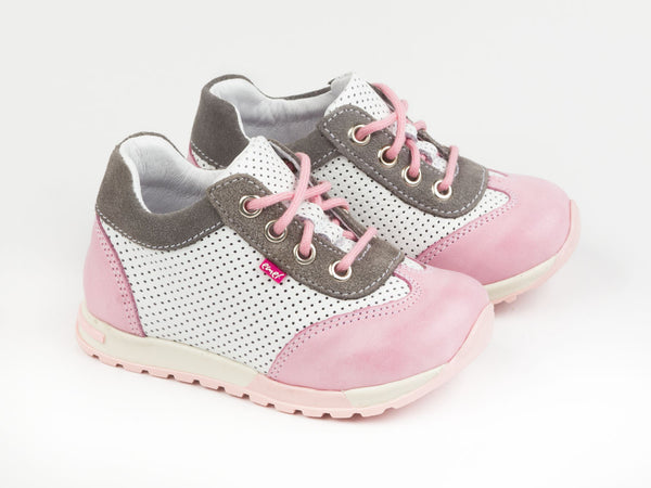 Emel Soft Pink/White/Grey Leather Lace Up Sneakers (e2176-1)