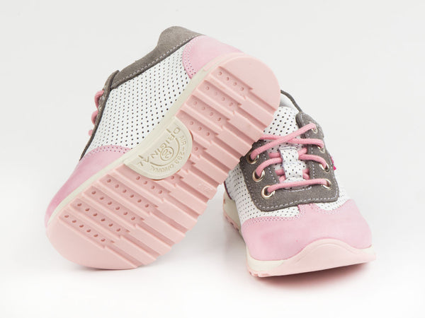 Emel Soft Pink/White/Grey Leather Lace Up Sneakers (e2176-1)