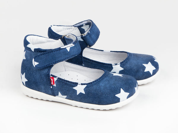 Emel Blue/White Stars Print Suede Velcro Pumps (e2372)