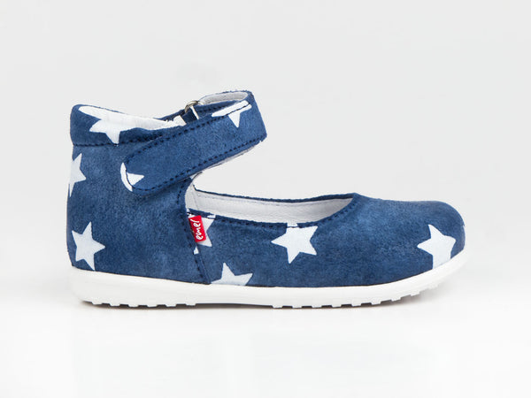 Emel Blue/White Stars Print Suede Velcro Pumps (e2372)