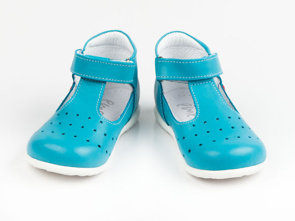 Emel Turquoise Perforated Leather Velcro Pumps (e409-2)