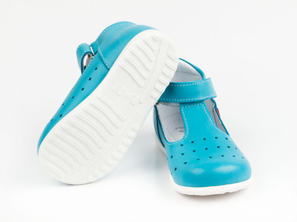 Emel Turquoise Perforated Leather Velcro Pumps (e409-2)